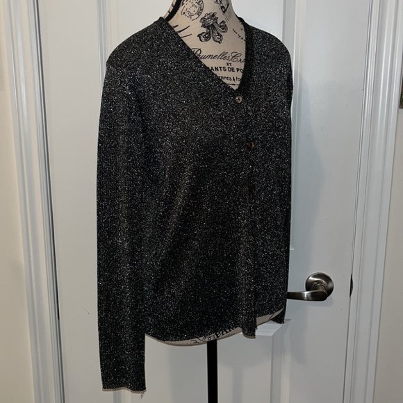 August Silk Size M Silver Metallic Black Buttoned Knit Cardigan - Picture 3 of 5